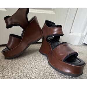 Made in Macedonia Brown Leather Platform Wedge Sandals Women’s 7M Chunky Retro